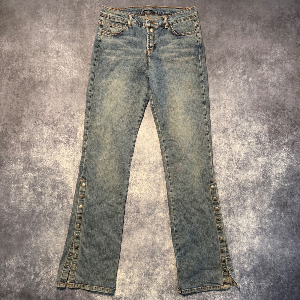 Vtg Y2K Onion Flare Jeans Women's Snap Button Side Vent Low Rise Denim Size 32